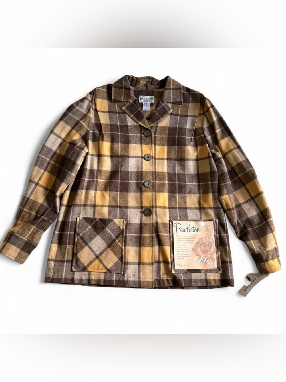 Vintage Pendleton Brown & Yellow Plaid Wool Button Jacket M With Original Tags!